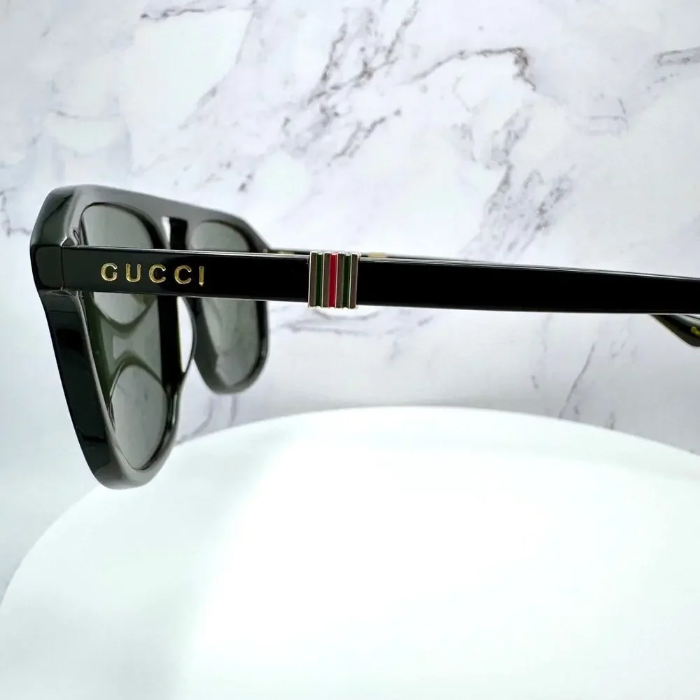New GUCCI Sunglasses Black Aviator Pilot Gold Logo Metal Red Green Web Gucci